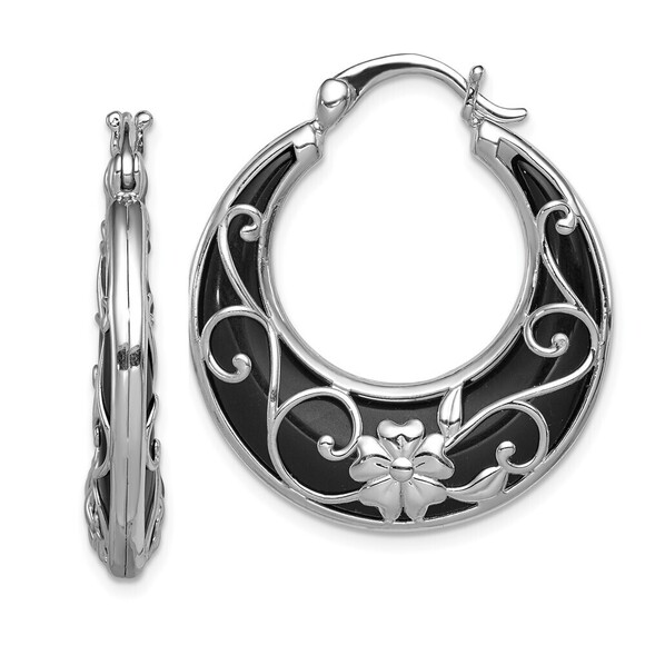 925 Sterling Silver Genuine RH-plated Polished Onyx Floral Round Hoop Earrings